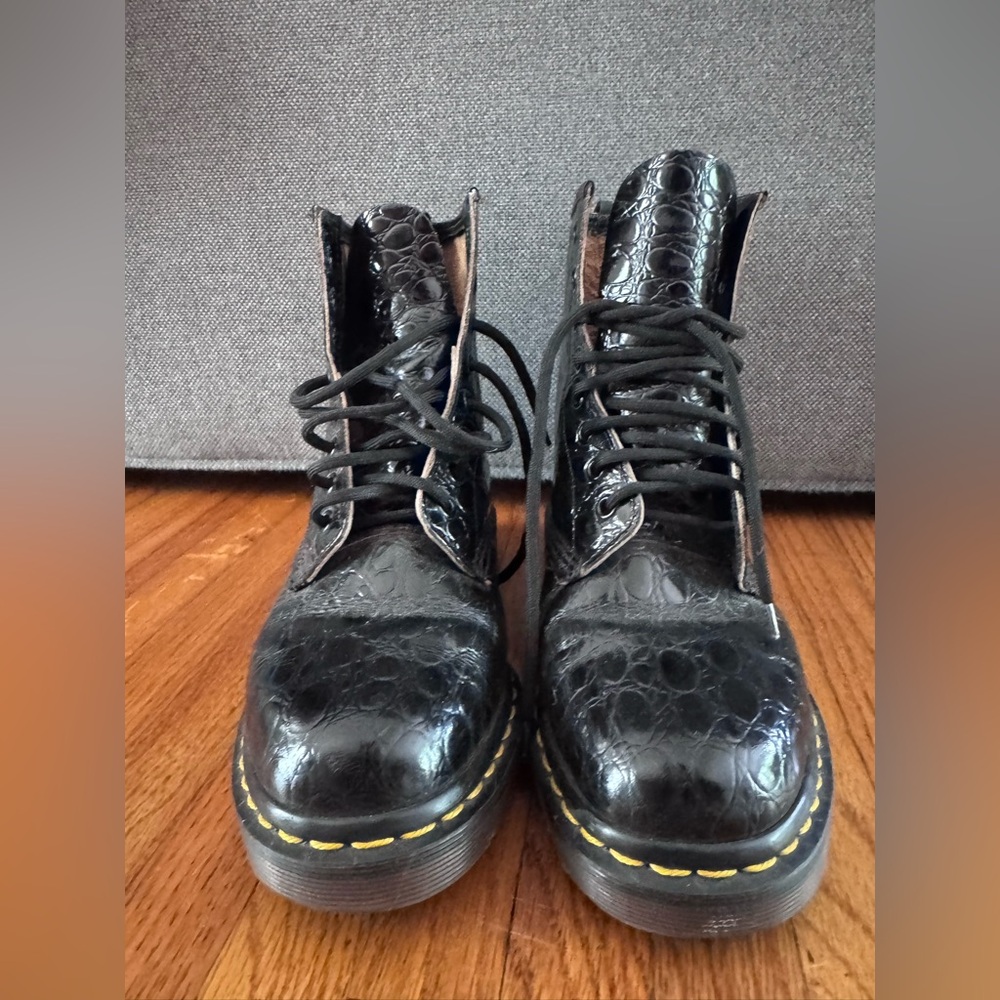 Dr. Martens Black Croc-Embossed Combat Boots with Yellow Stitching